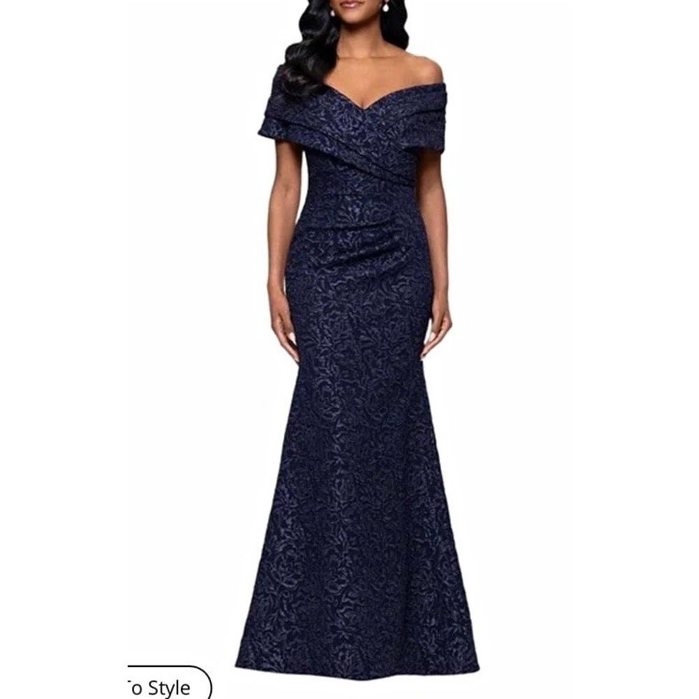 NET Betsy & Adam Navy Off-Shoulder Formal Dress Size 6 Mermaid Wedding Guest